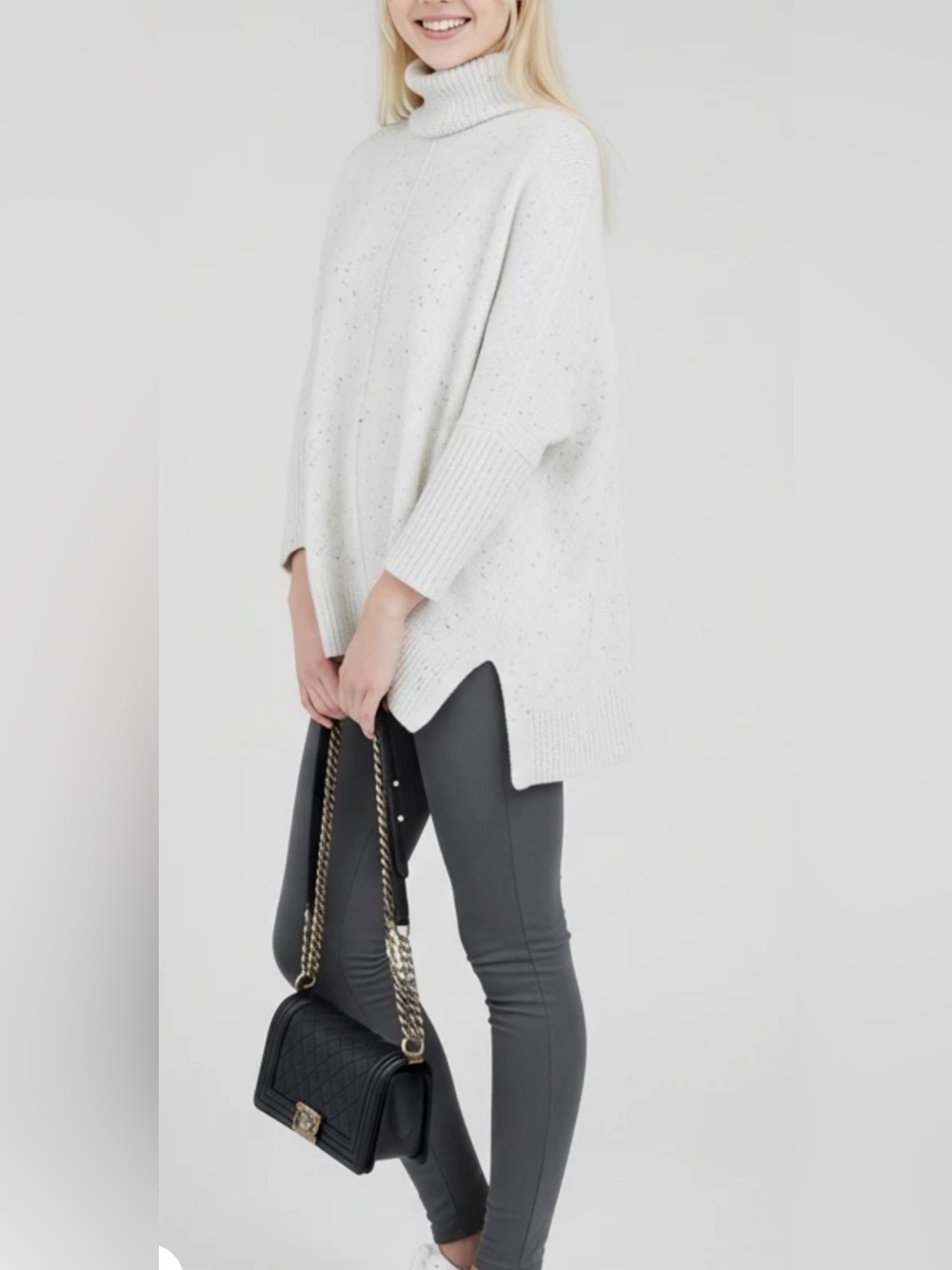 LOFT Flecked Turtle Neck Poncho Sweater Cream Speckled Knit Oversized Size L